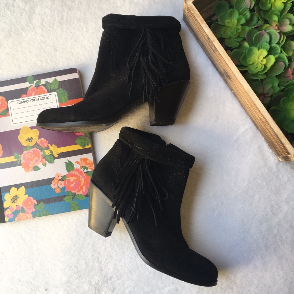 Sam Edelman Louie black suede fringe heeled bootie